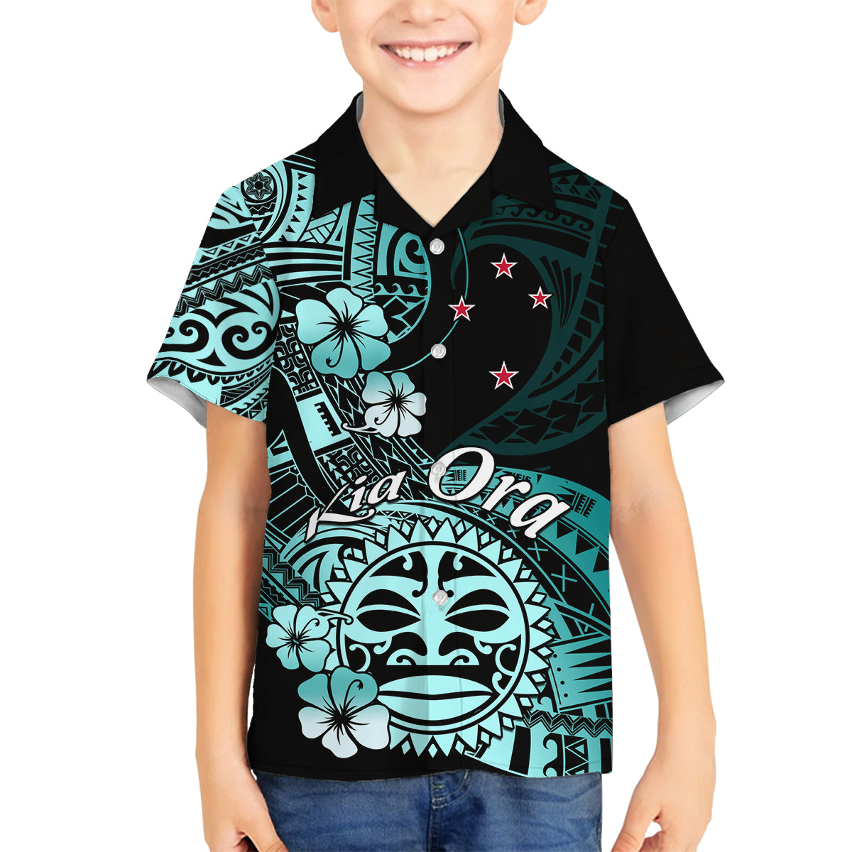 Aotearoa Kia Ora New Zealand Ta Moko Turquoise Version Family Matching Long Sleeve Bodycon Dress and Hawaiian Shirt LT01 Son's Shirt Turquoise - Polynesian Pride