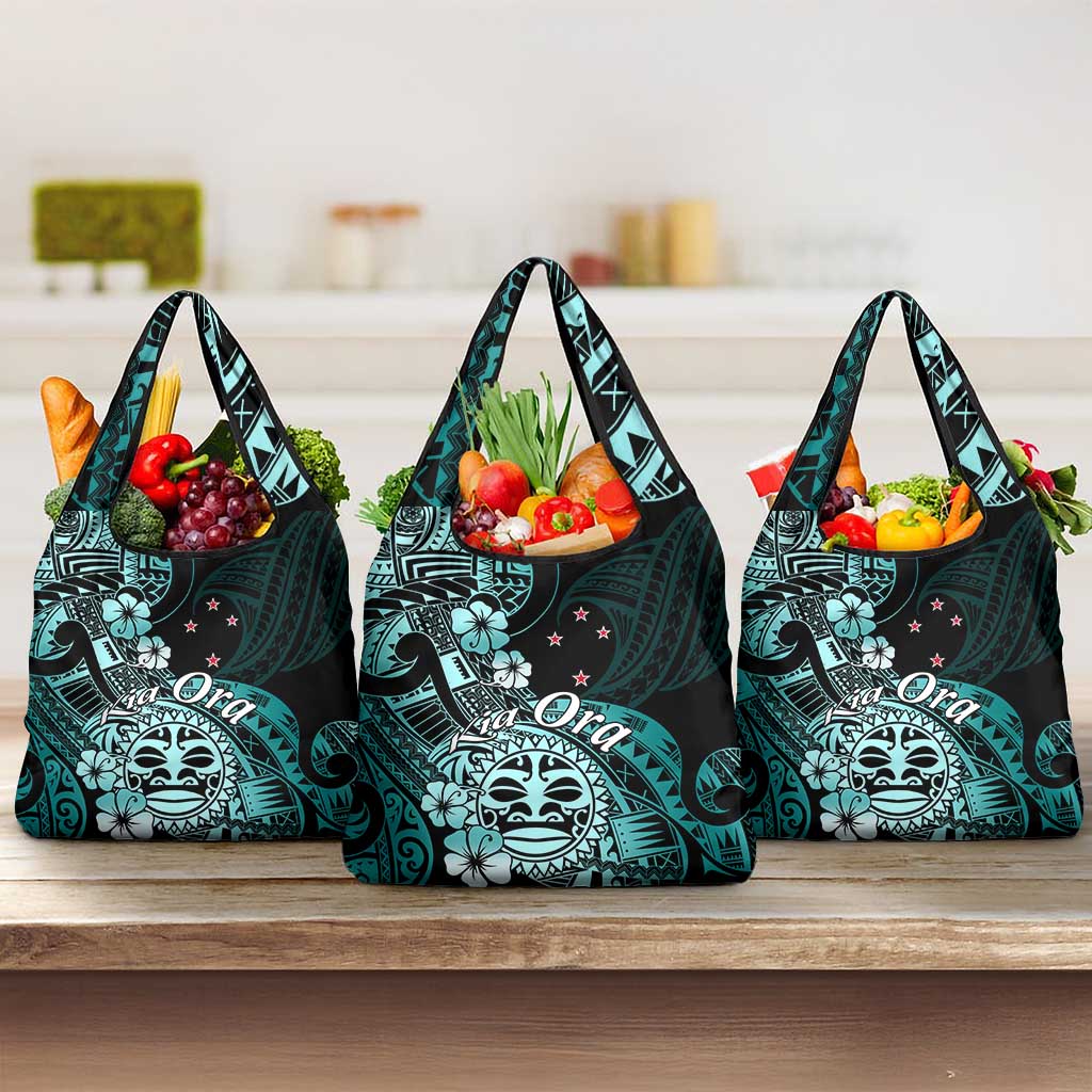 Aotearoa Kia Ora New Zealand Ta Moko Turquoise Version Grocery Bag LT01 3-pack One Size Turquoise - Polynesian Pride