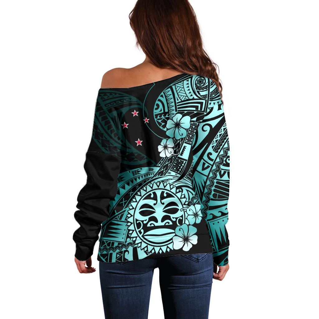 Aotearoa Kia Ora New Zealand Ta Moko Turquoise Version Off Shoulder Sweater LT01 - Polynesian Pride