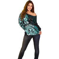 Aotearoa Kia Ora New Zealand Ta Moko Turquoise Version Off Shoulder Sweater LT01 - Polynesian Pride