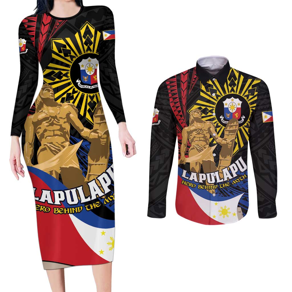 Personalized Lapulapu The First Filipino Hero Couples Matching Long Sleeve Bodycon Dress and Long Sleeve Button Shirt Polynesian Pattern LT01 Black - Polynesian Pride