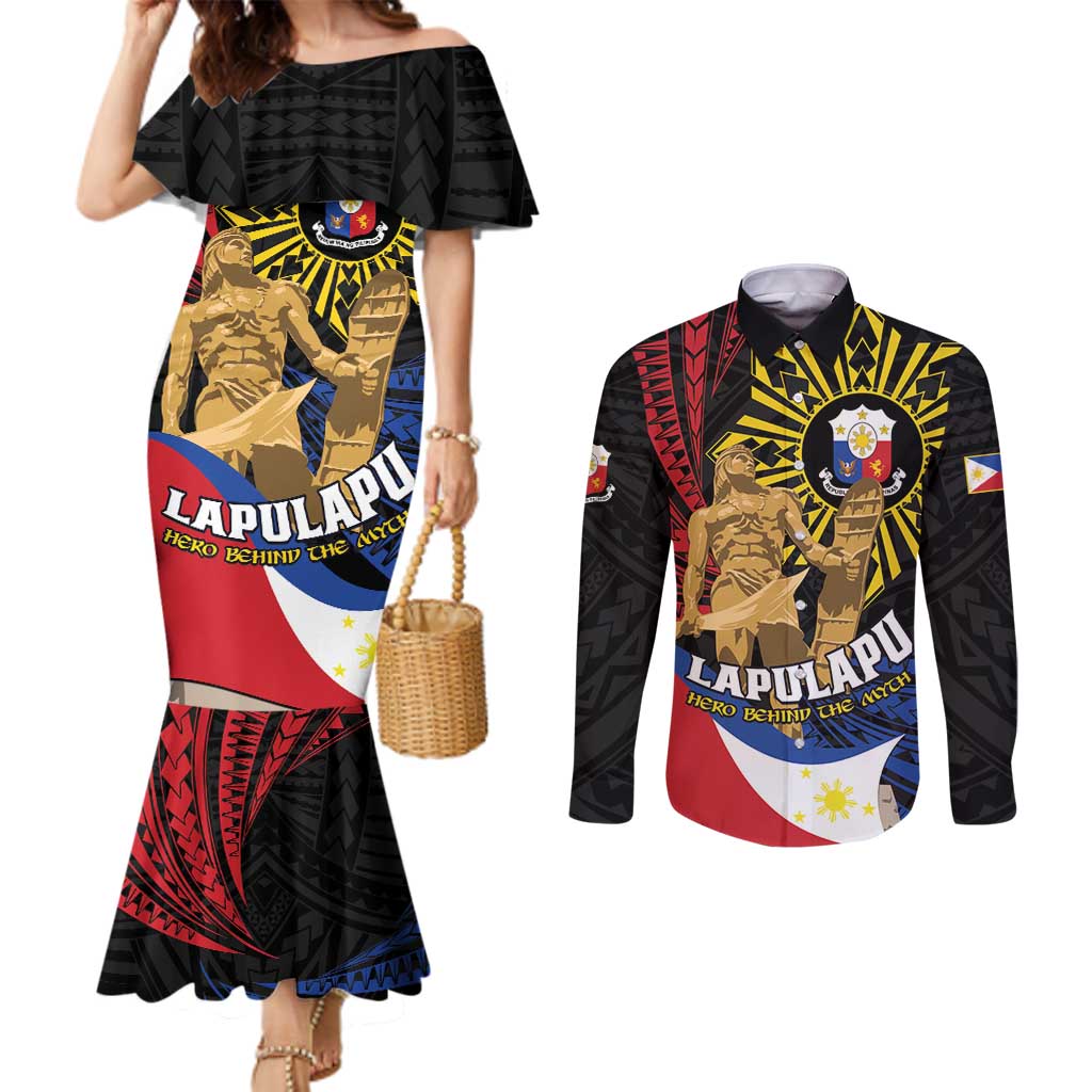 Personalized Lapulapu The First Filipino Hero Couples Matching Mermaid Dress and Long Sleeve Button Shirt Polynesian Pattern LT01 Black - Polynesian Pride