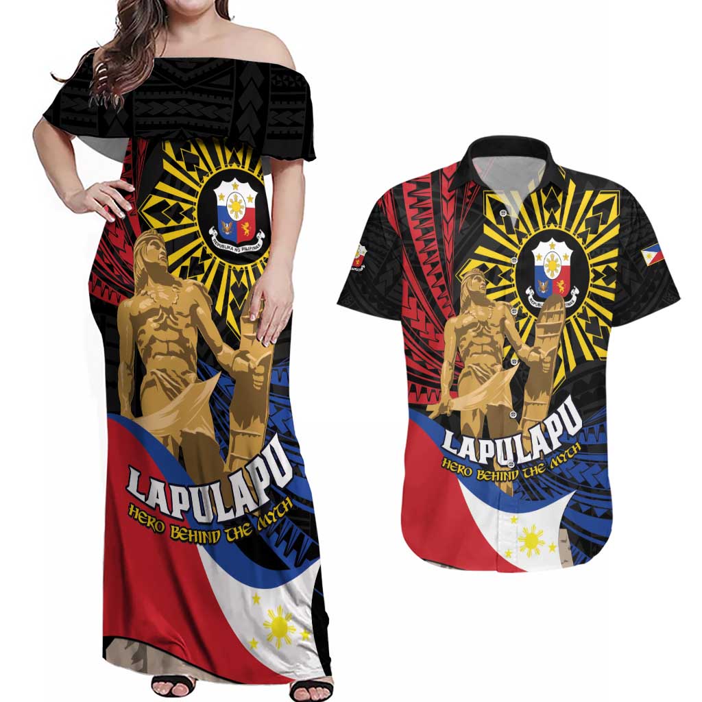 Personalized Lapulapu The First Filipino Hero Couples Matching Off Shoulder Maxi Dress and Hawaiian Shirt Polynesian Pattern LT01 Black - Polynesian Pride