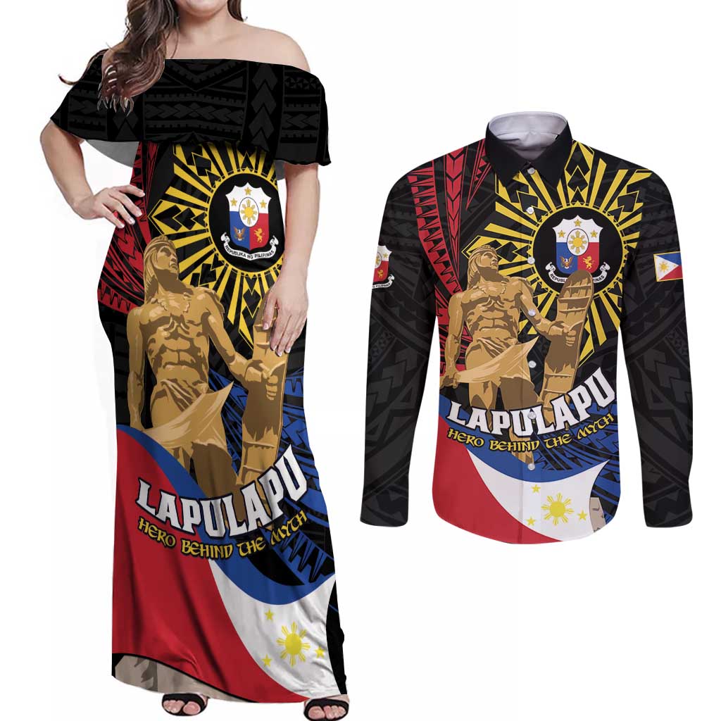 Personalized Lapulapu The First Filipino Hero Couples Matching Off Shoulder Maxi Dress and Long Sleeve Button Shirt Polynesian Pattern LT01 Black - Polynesian Pride