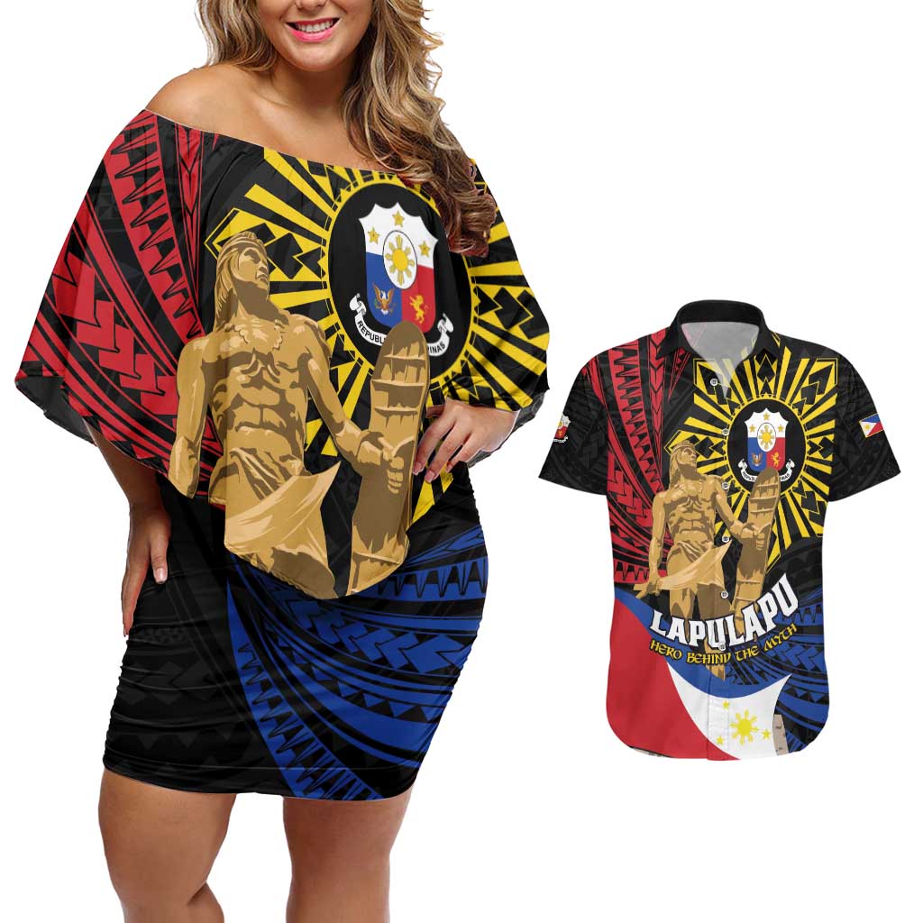 Personalized Lapulapu The First Filipino Hero Couples Matching Off Shoulder Short Dress and Hawaiian Shirt Polynesian Pattern LT01 Black - Polynesian Pride