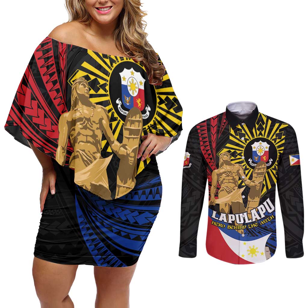 Personalized Lapulapu The First Filipino Hero Couples Matching Off Shoulder Short Dress and Long Sleeve Button Shirt Polynesian Pattern LT01 Black - Polynesian Pride