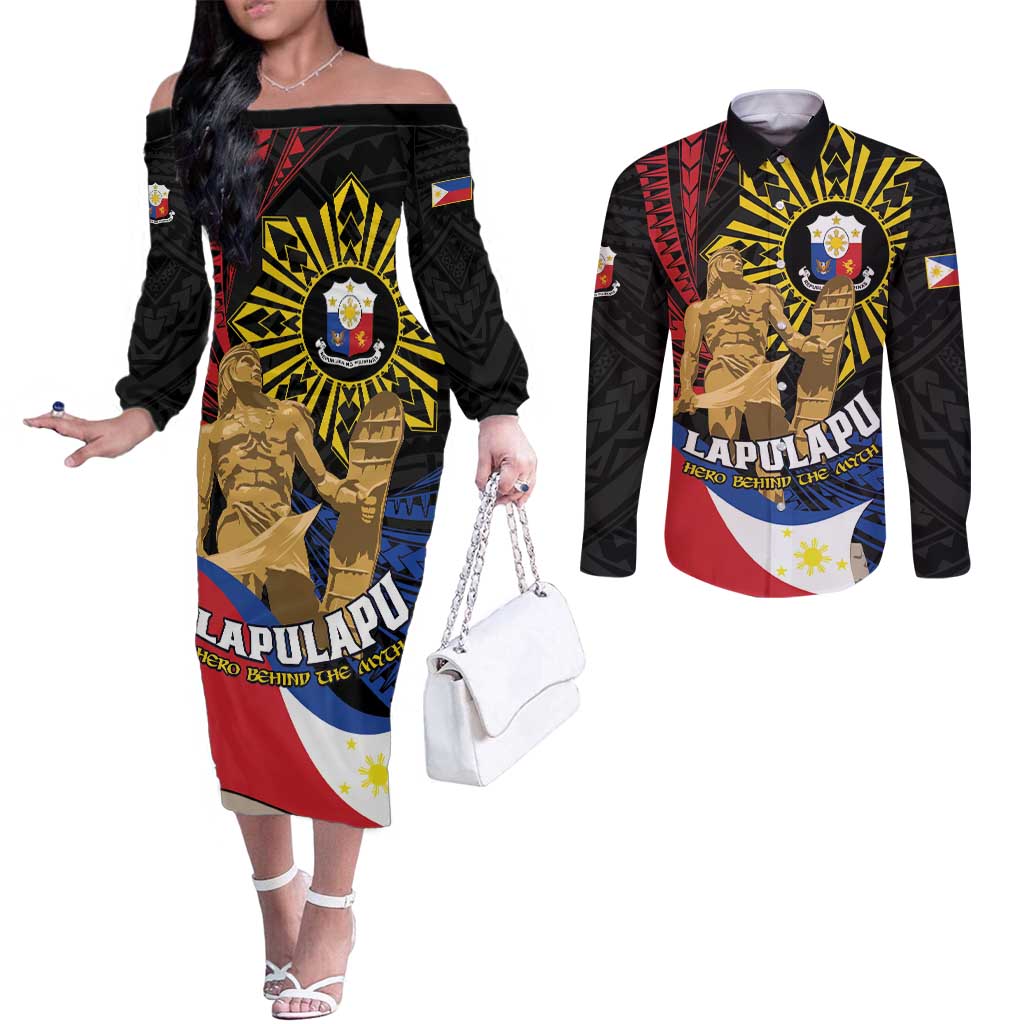 Personalized Lapulapu The First Filipino Hero Couples Matching Off The Shoulder Long Sleeve Dress and Long Sleeve Button Shirt Polynesian Pattern LT01 Black - Polynesian Pride