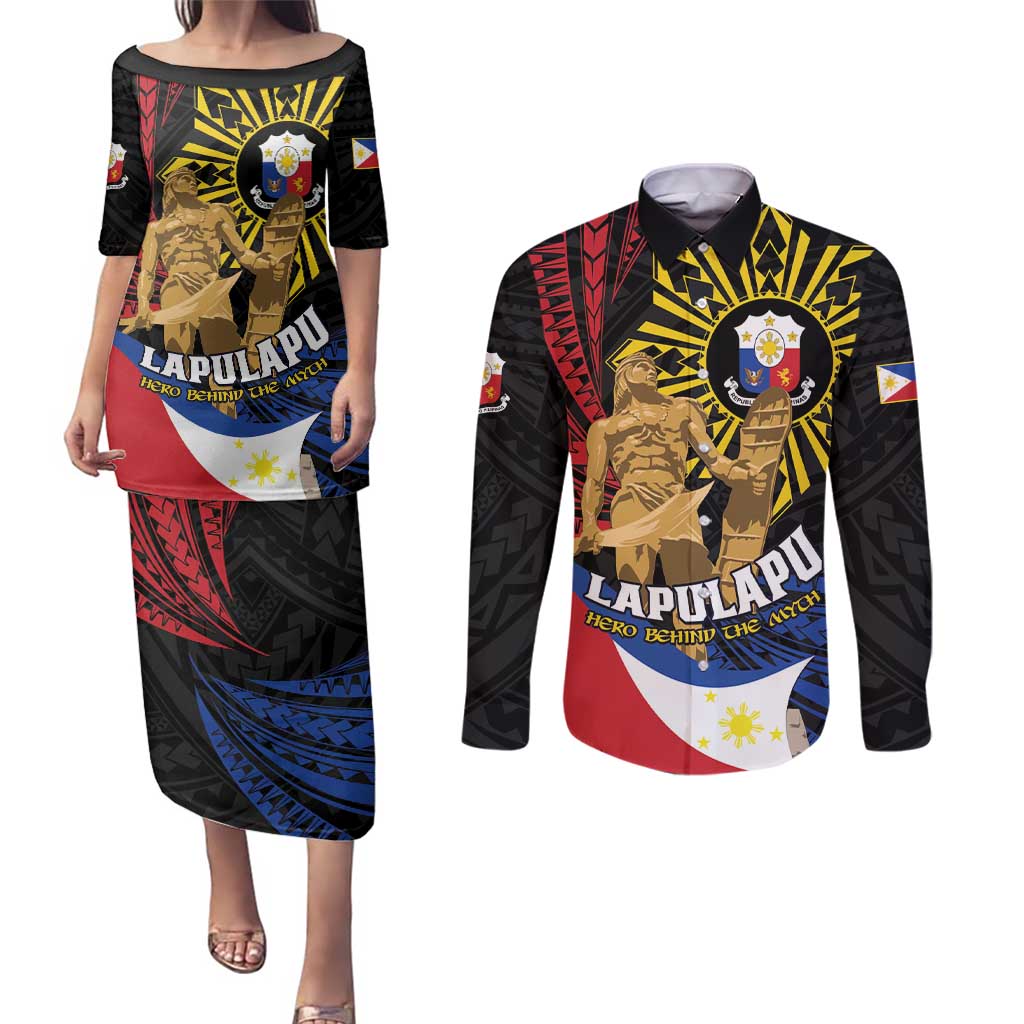 Personalized Lapulapu The First Filipino Hero Couples Matching Puletasi and Long Sleeve Button Shirt Polynesian Pattern LT01 Black - Polynesian Pride