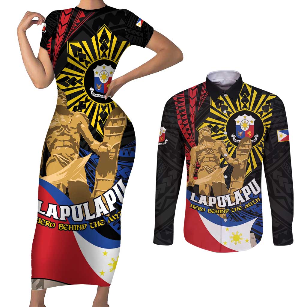 Personalized Lapulapu The First Filipino Hero Couples Matching Short Sleeve Bodycon Dress and Long Sleeve Button Shirt Polynesian Pattern LT01 Black - Polynesian Pride