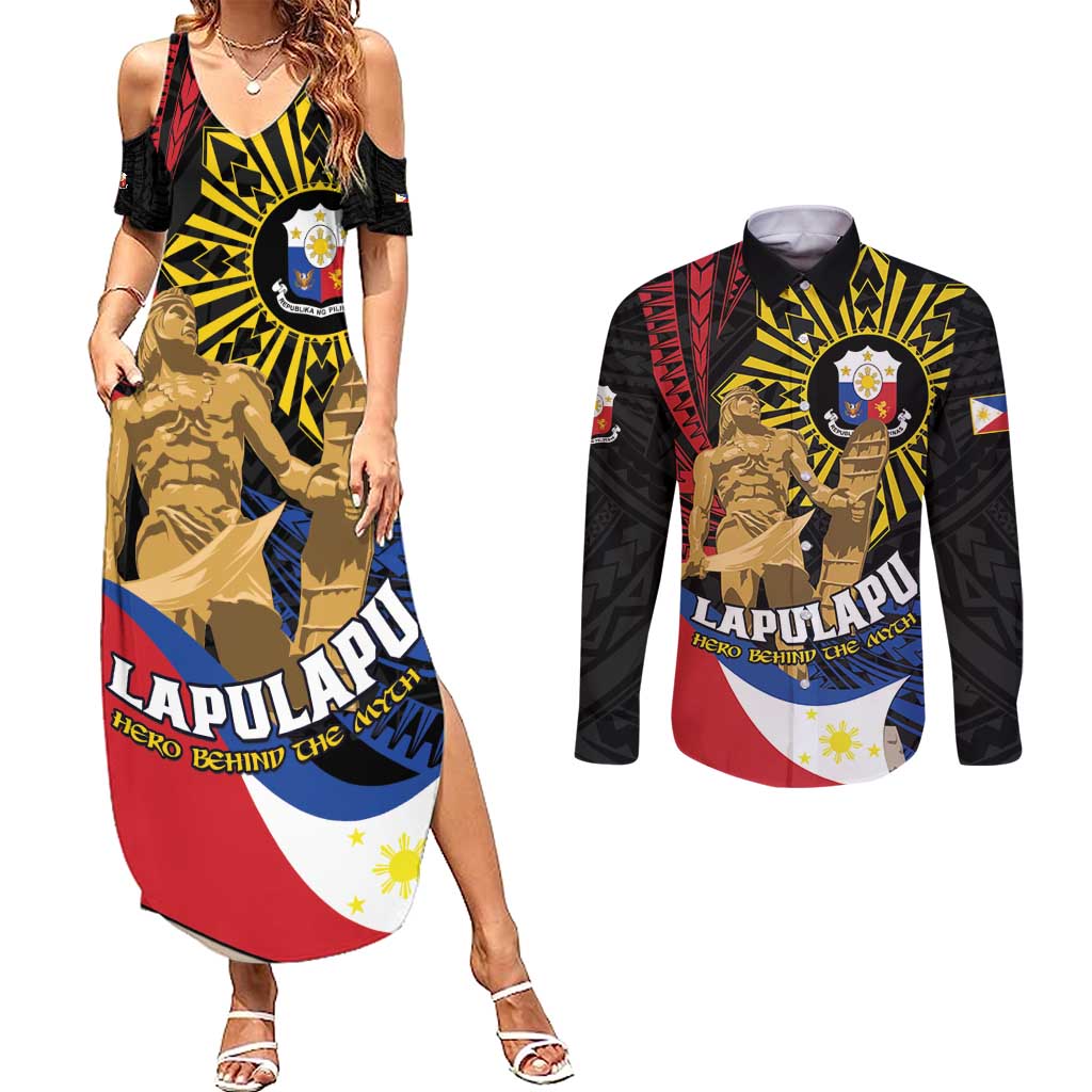 Personalized Lapulapu The First Filipino Hero Couples Matching Summer Maxi Dress and Long Sleeve Button Shirt Polynesian Pattern