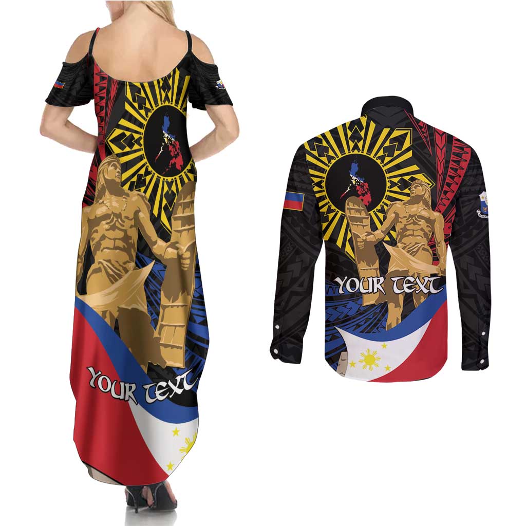 Personalized Lapulapu The First Filipino Hero Couples Matching Summer Maxi Dress and Long Sleeve Button Shirt Polynesian Pattern