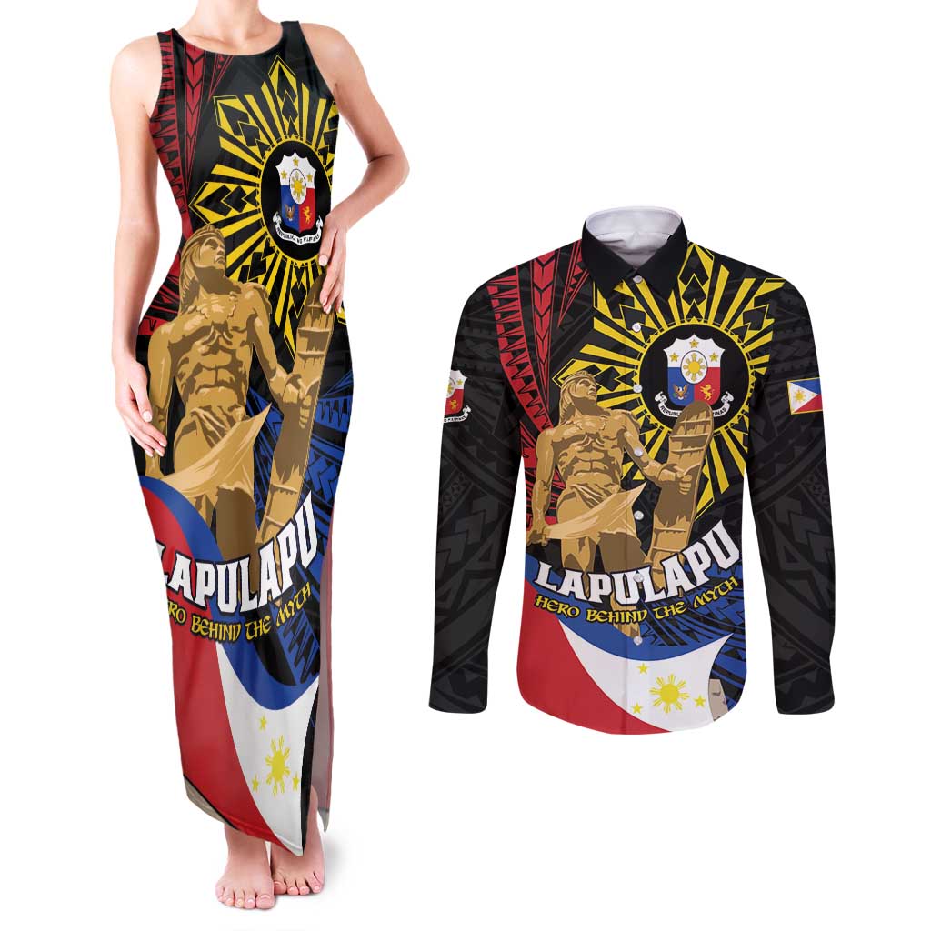 Personalized Lapulapu The First Filipino Hero Couples Matching Tank Maxi Dress and Long Sleeve Button Shirt Polynesian Pattern LT01 Black - Polynesian Pride