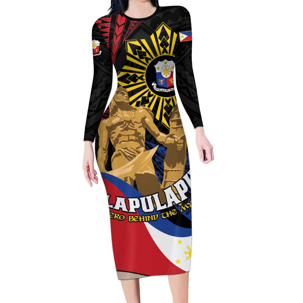 Personalized Lapulapu The First Filipino Hero Family Matching Long Sleeve Bodycon Dress and Hawaiian Shirt Polynesian Pattern LT01 Mom's Dress Black - Polynesian Pride