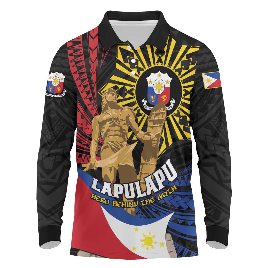 Personalized Lapulapu The First Filipino Hero Long Sleeve Polo Shirt Polynesian Pattern LT01 Black - Polynesian Pride