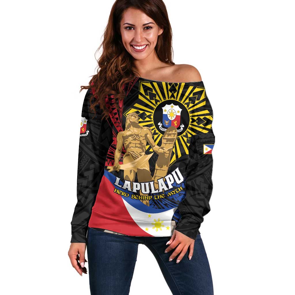 Personalized Lapulapu The First Filipino Hero Off Shoulder Sweater Polynesian Pattern LT01 Women Black - Polynesian Pride