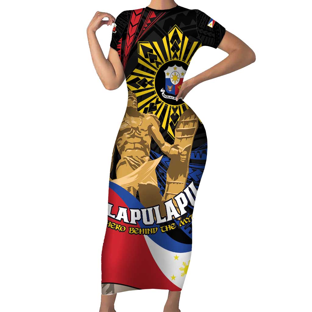 Personalized Lapulapu The First Filipino Hero Short Sleeve Bodycon Dress Polynesian Pattern LT01 Long Dress Black - Polynesian Pride