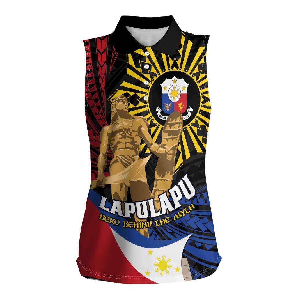 Personalized Lapulapu The First Filipino Hero Women Sleeveless Polo Shirt Polynesian Pattern LT01 Female Black - Polynesian Pride