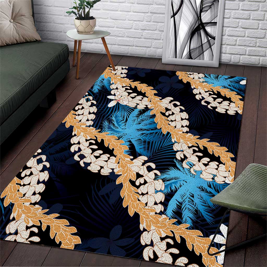 Puakenikeni Maile Lei Area Rug Frangipani Blue Tropical Leaves