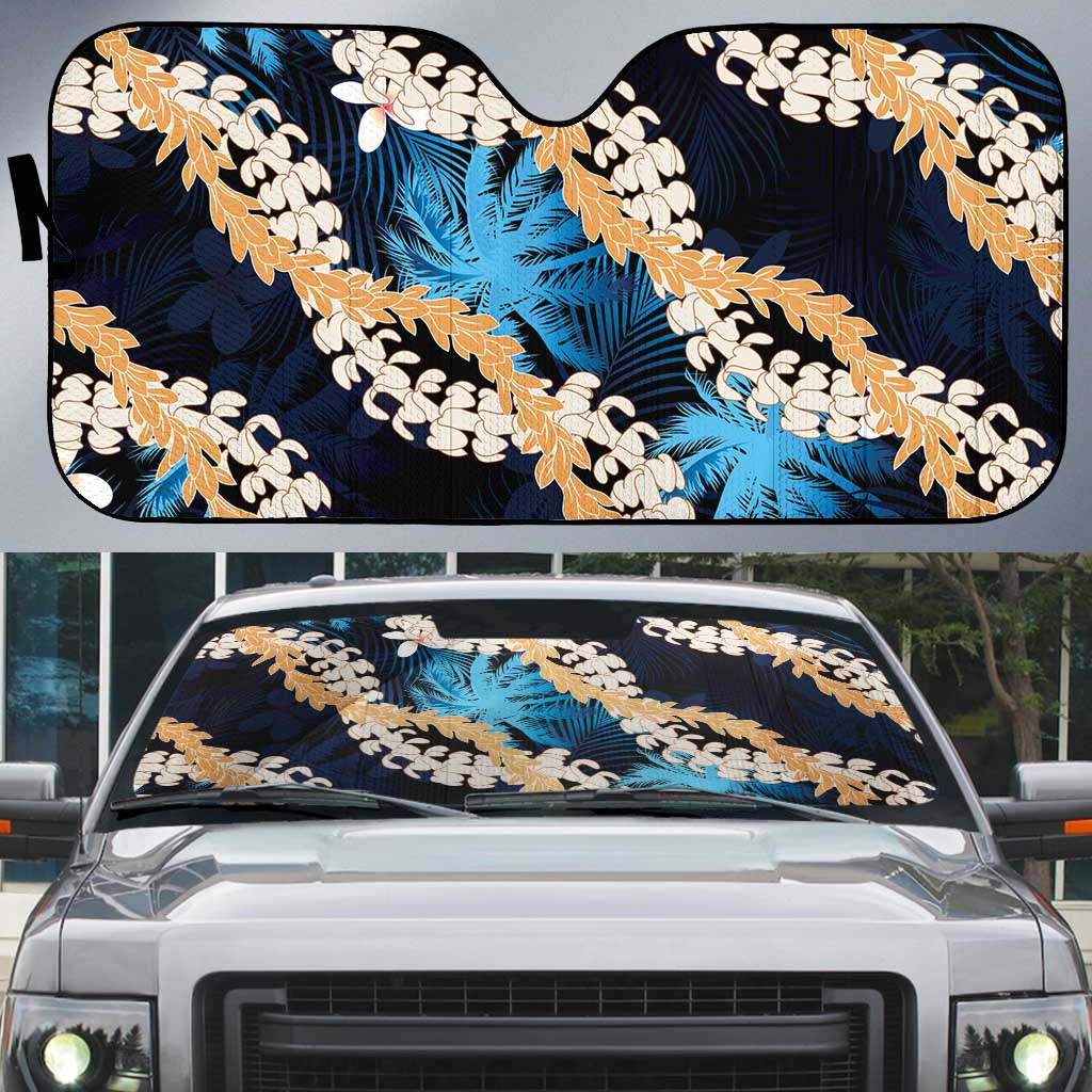 Puakenikeni Maile Lei Auto Sun Shade Frangipani Blue Tropical Leaves