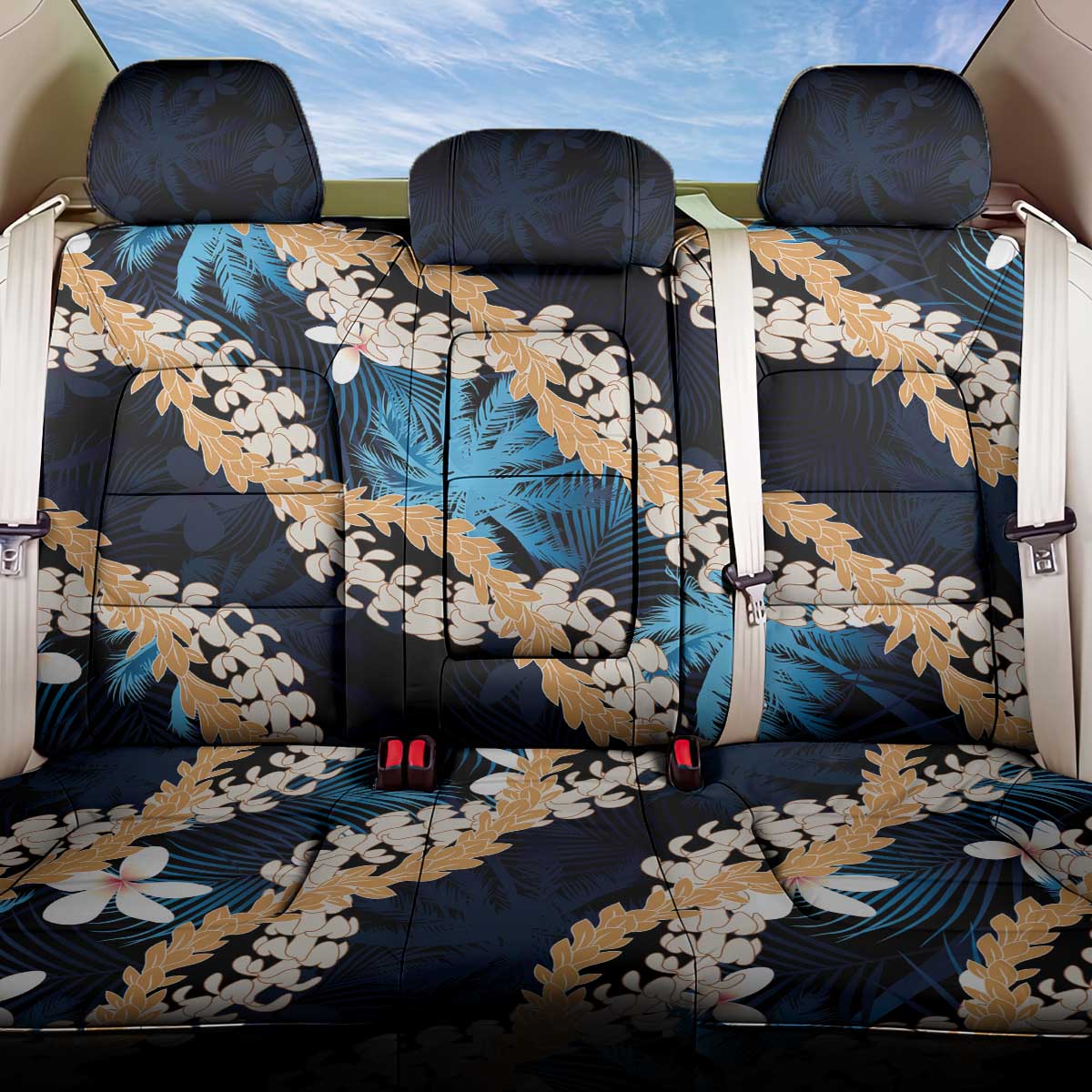 Puakenikeni Maile Lei Back Car Seat Cover Frangipani Blue Tropical Leaves