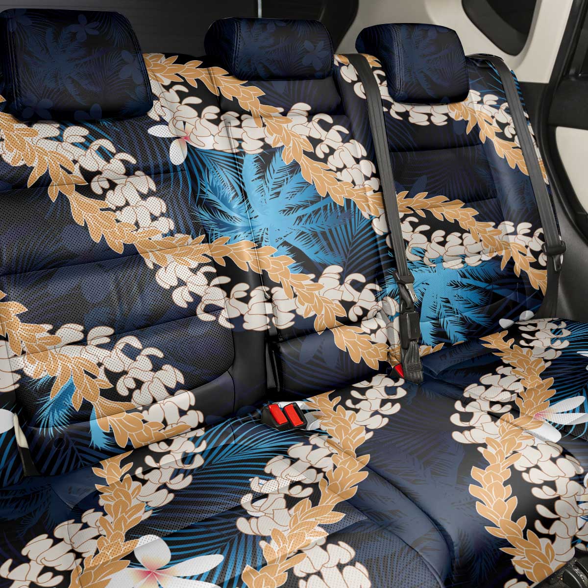 Puakenikeni Maile Lei Back Car Seat Cover Frangipani Blue Tropical Leaves