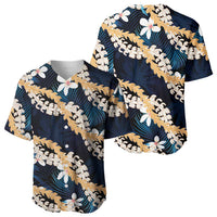 Puakenikeni Maile Lei Baseball Jersey Frangipani Blue Tropical Leaves
