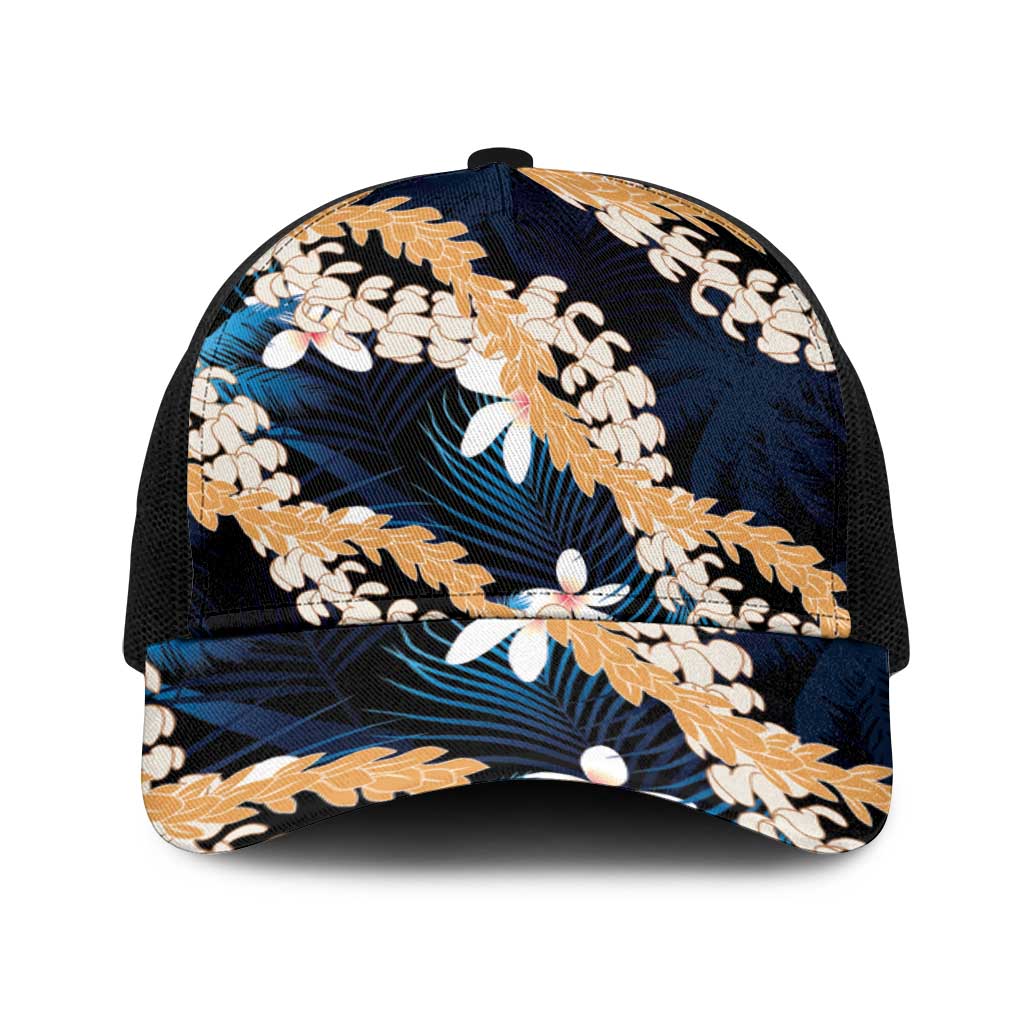Puakenikeni Maile Lei Baseball Net Cap Frangipani Blue Tropical Leaves