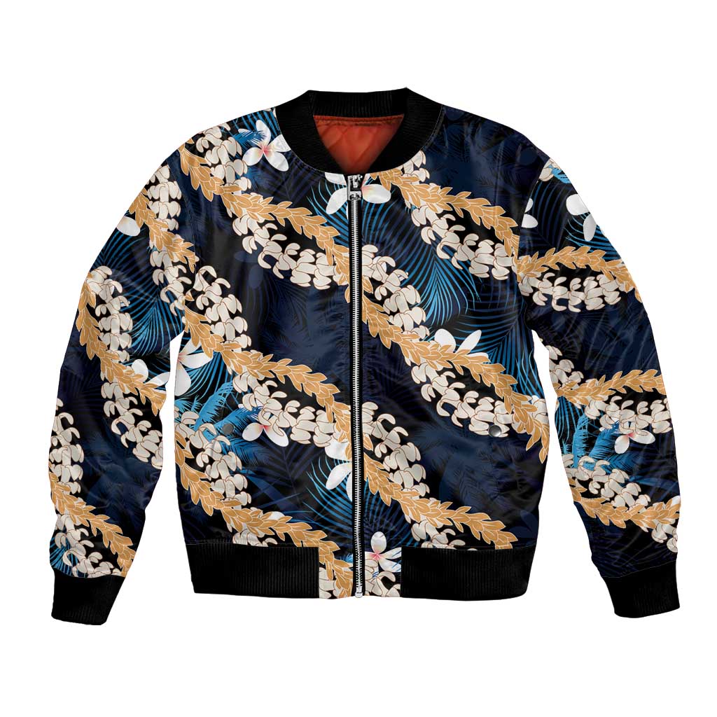 Puakenikeni Maile Lei Bomber Jacket Frangipani Blue Tropical Leaves
