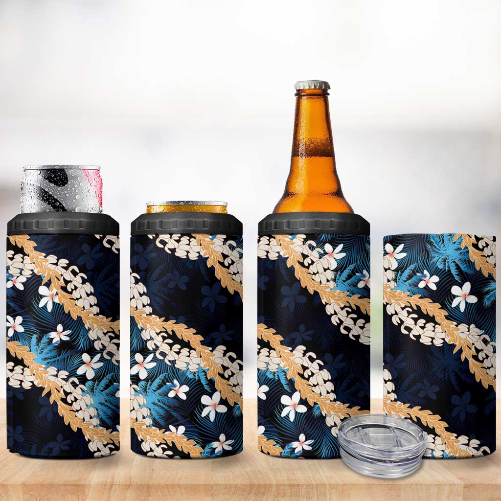 Puakenikeni Maile Lei 4 in 1 Can Cooler Tumbler Frangipani Blue Tropical Leaves LT01 - Polynesian Pride