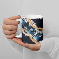 Puakenikeni Maile Lei Ceramic Mug Frangipani Blue Tropical Leaves