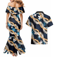 Puakenikeni Maile Lei Couples Matching Mermaid Dress and Hawaiian Shirt Frangipani Blue Tropical Leaves LT01 - Polynesian Pride