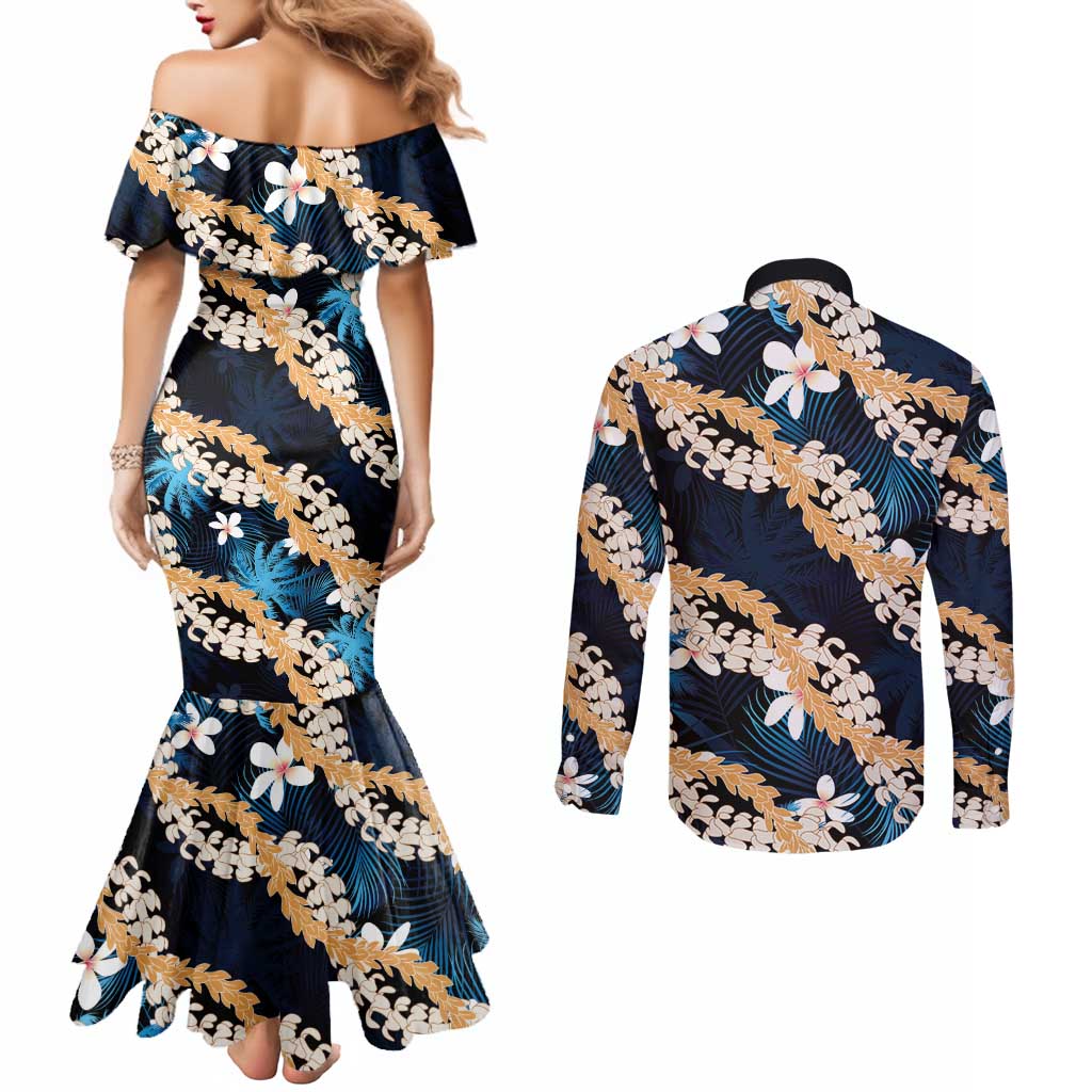 Puakenikeni Maile Lei Couples Matching Mermaid Dress and Long Sleeve Button Shirt Frangipani Blue Tropical Leaves LT01 - Polynesian Pride