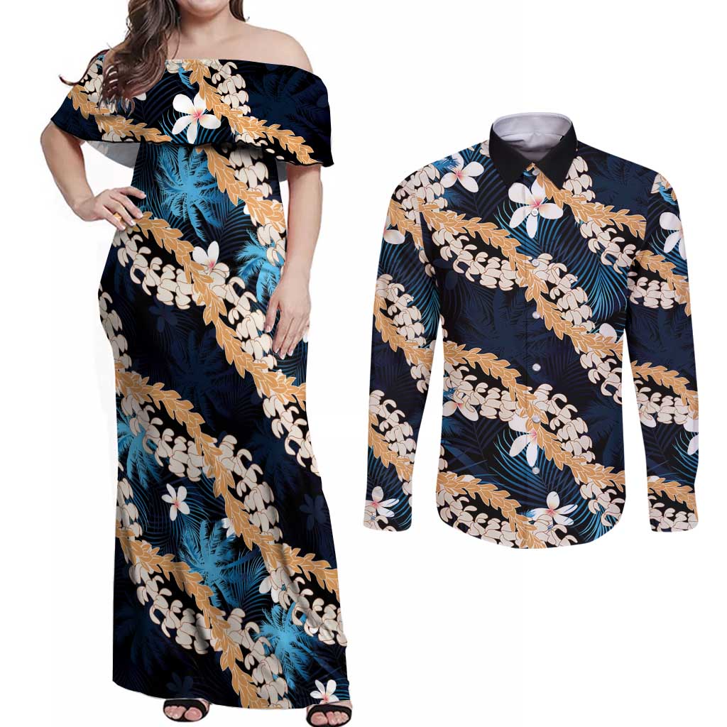 Puakenikeni Maile Lei Couples Matching Off Shoulder Maxi Dress and Long Sleeve Button Shirt Frangipani Blue Tropical Leaves LT01 Blue - Polynesian Pride