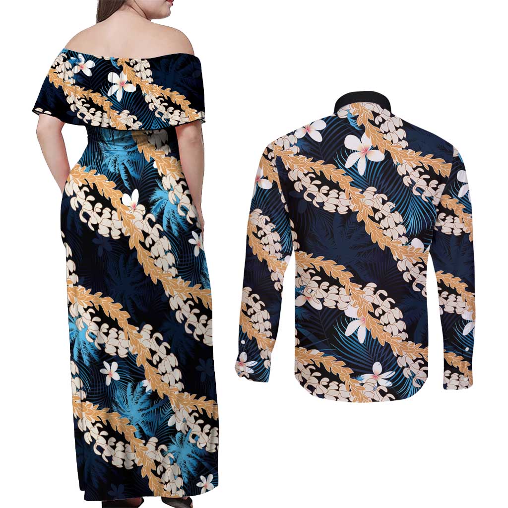 Puakenikeni Maile Lei Couples Matching Off Shoulder Maxi Dress and Long Sleeve Button Shirt Frangipani Blue Tropical Leaves LT01 - Polynesian Pride