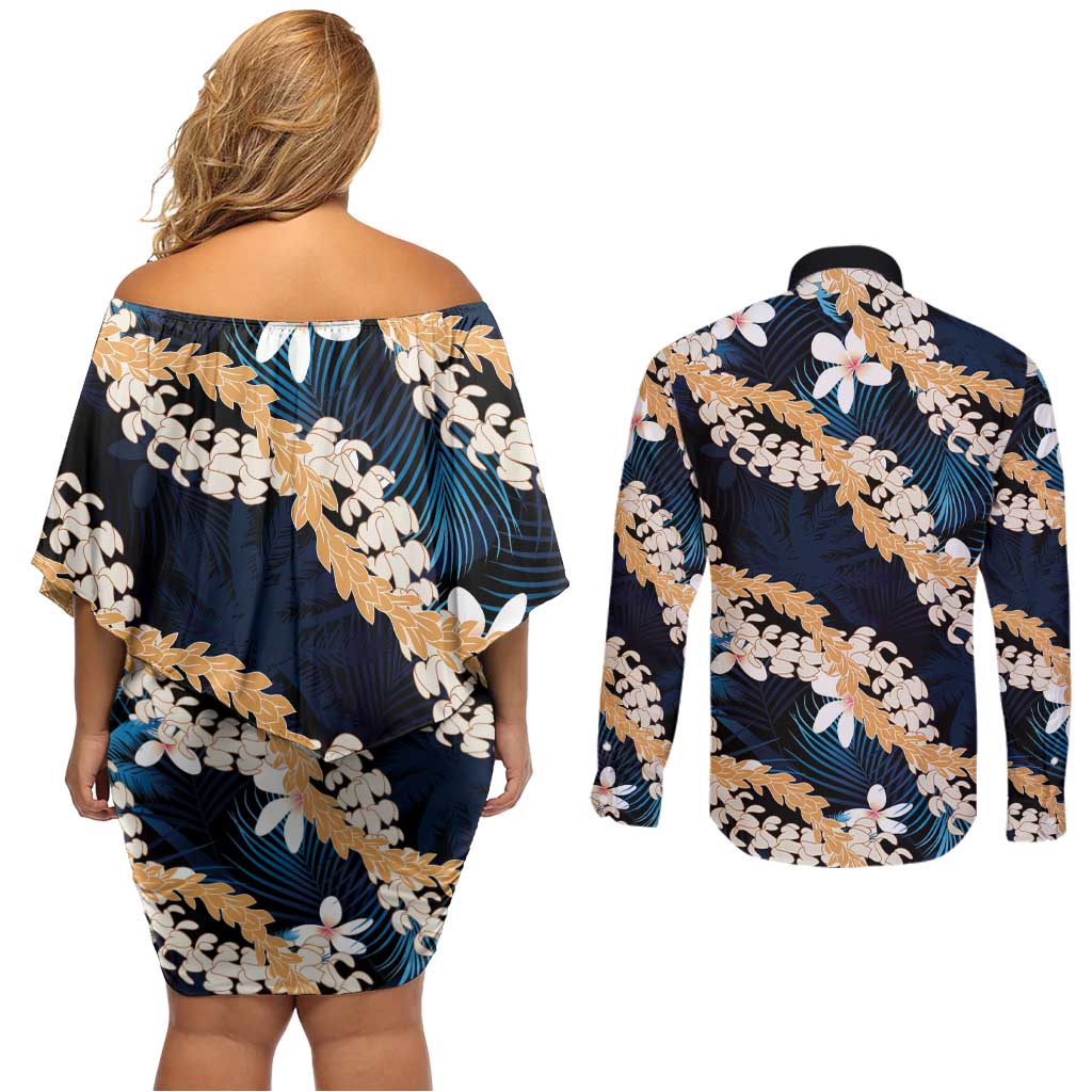 Puakenikeni Maile Lei Couples Matching Off Shoulder Short Dress and Long Sleeve Button Shirt Frangipani Blue Tropical Leaves LT01 - Polynesian Pride