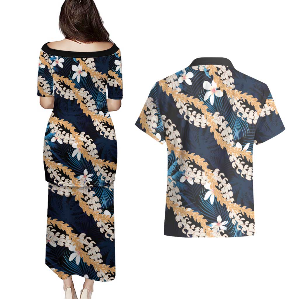 Puakenikeni Maile Lei Couples Matching Puletasi and Hawaiian Shirt Frangipani Blue Tropical Leaves LT01 - Polynesian Pride