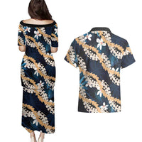 Puakenikeni Maile Lei Couples Matching Puletasi and Hawaiian Shirt Frangipani Blue Tropical Leaves LT01 - Polynesian Pride