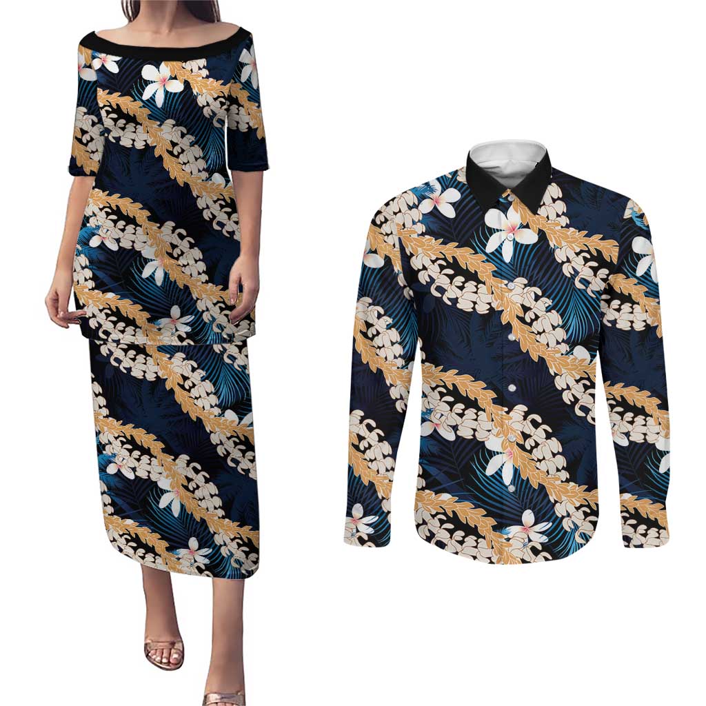 Puakenikeni Maile Lei Couples Matching Puletasi and Long Sleeve Button Shirt Frangipani Blue Tropical Leaves LT01 Blue - Polynesian Pride