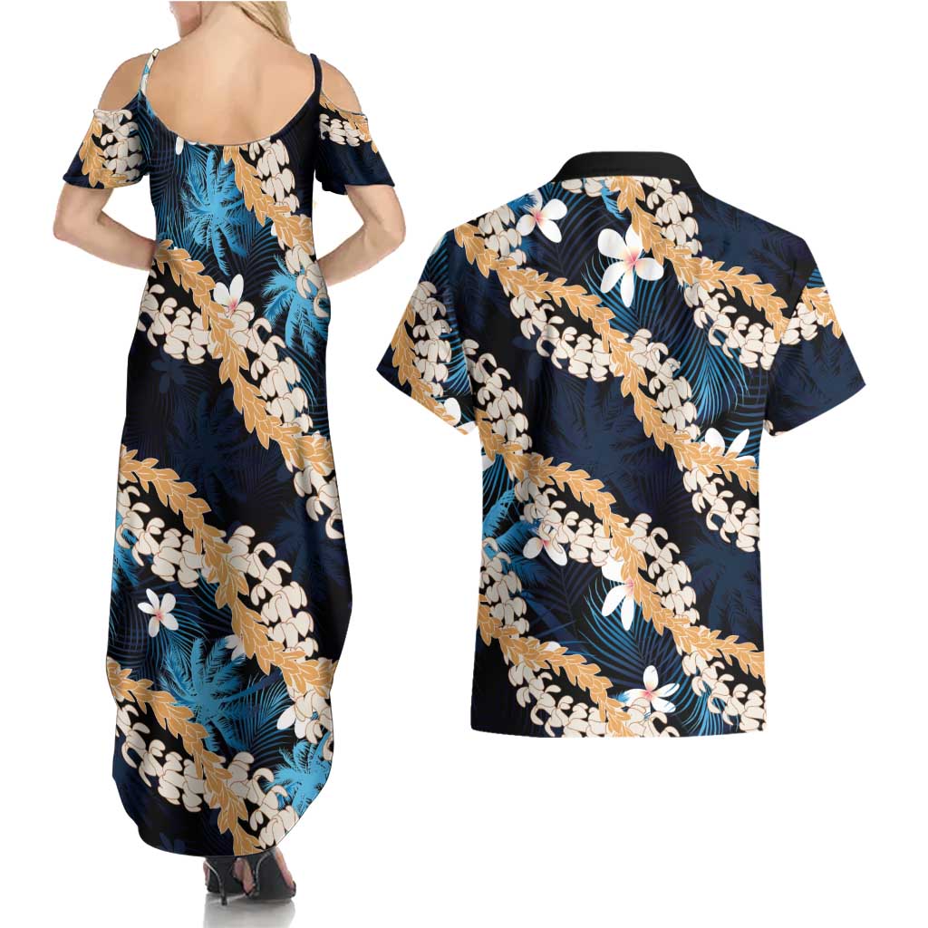Puakenikeni Maile Lei Couples Matching Summer Maxi Dress and Hawaiian Shirt Frangipani Blue Tropical Leaves LT01 - Polynesian Pride