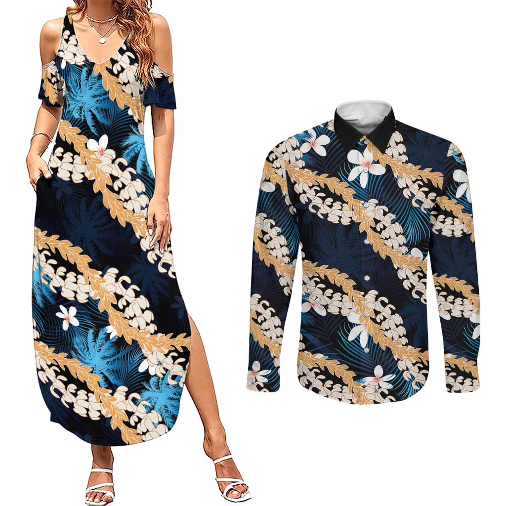 Puakenikeni Maile Lei Couples Matching Summer Maxi Dress and Long Sleeve Button Shirt Frangipani Blue Tropical Leaves LT01 Blue - Polynesian Pride