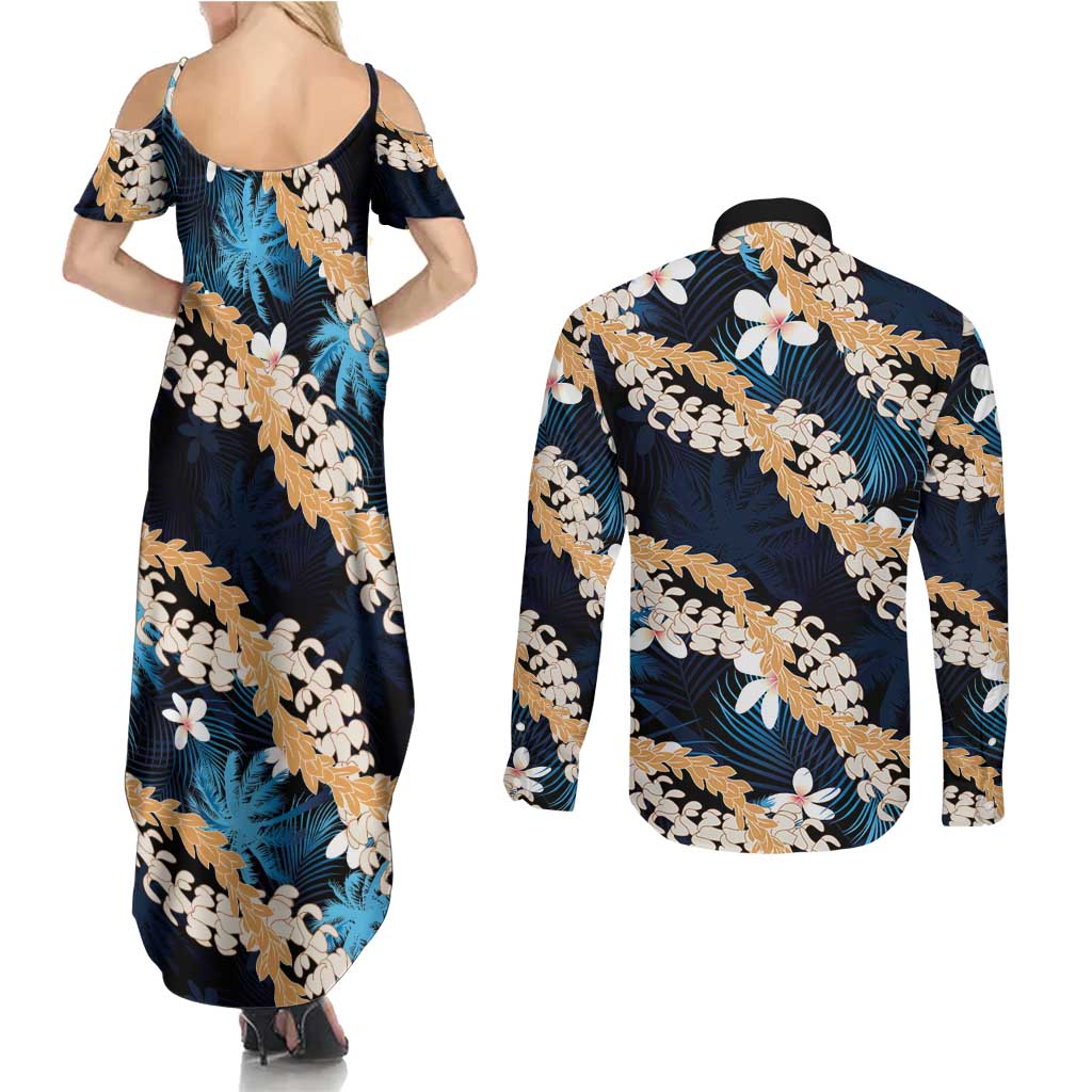 Puakenikeni Maile Lei Couples Matching Summer Maxi Dress and Long Sleeve Button Shirt Frangipani Blue Tropical Leaves LT01 - Polynesian Pride