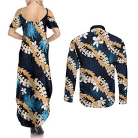 Puakenikeni Maile Lei Couples Matching Summer Maxi Dress and Long Sleeve Button Shirt Frangipani Blue Tropical Leaves LT01 - Polynesian Pride