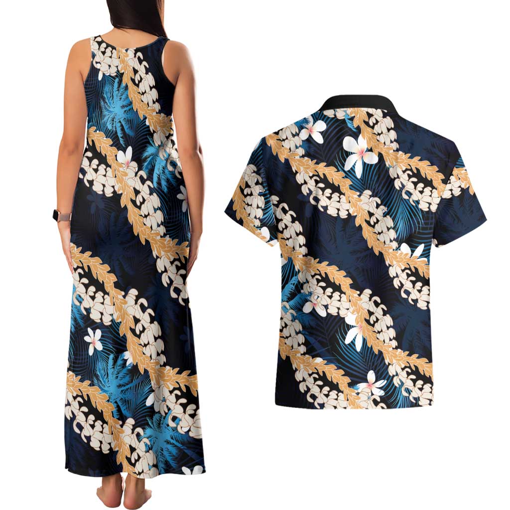 Puakenikeni Maile Lei Couples Matching Tank Maxi Dress and Hawaiian Shirt Frangipani Blue Tropical Leaves LT01 - Polynesian Pride