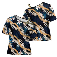Puakenikeni Maile Lei Cross Shoulder Shirt Frangipani Blue Tropical Leaves