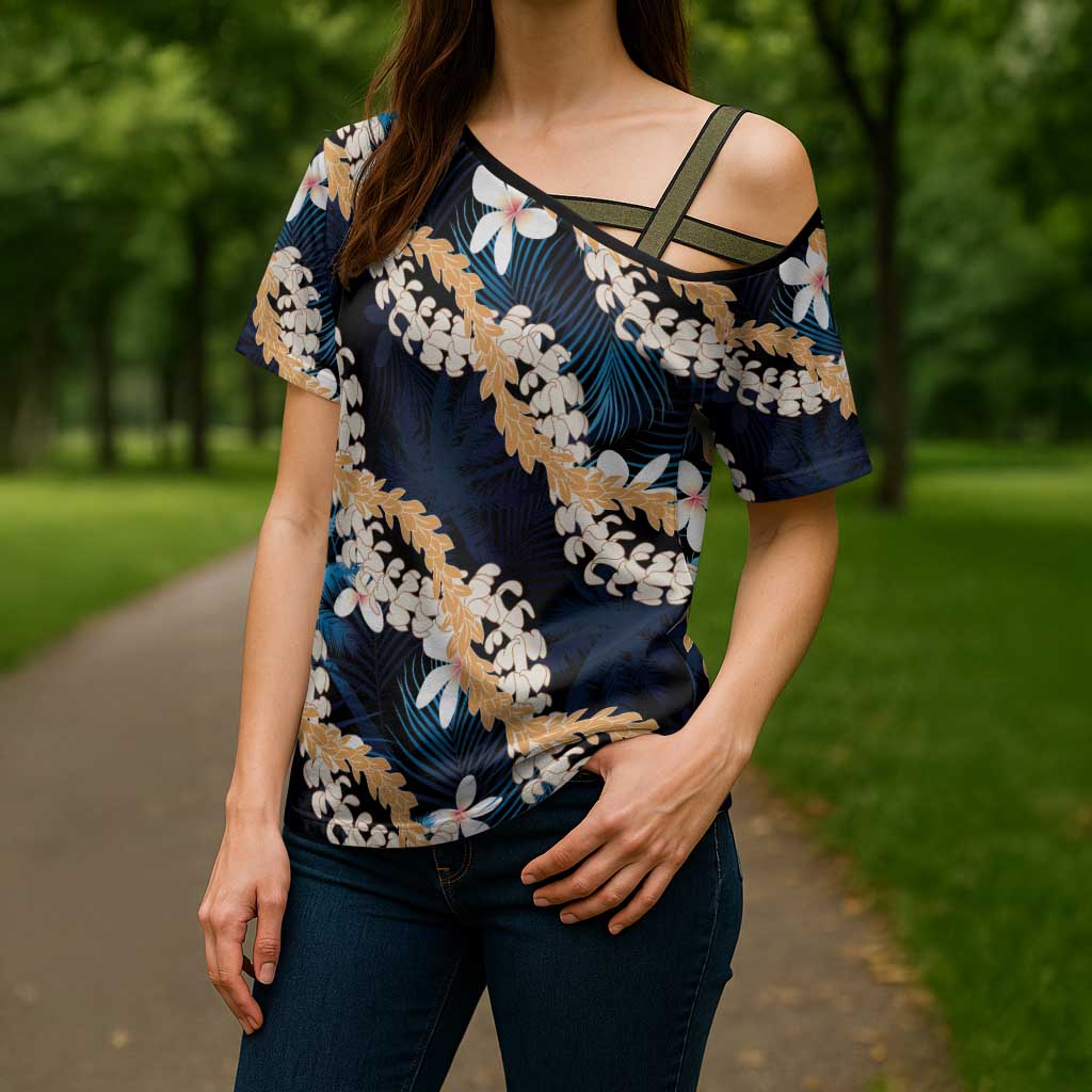 Puakenikeni Maile Lei Cross Shoulder Shirt Frangipani Blue Tropical Leaves