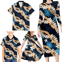 Puakenikeni Maile Lei Family Matching Long Sleeve Bodycon Dress and Hawaiian Shirt Frangipani Blue Tropical Leaves LT01 - Polynesian Pride
