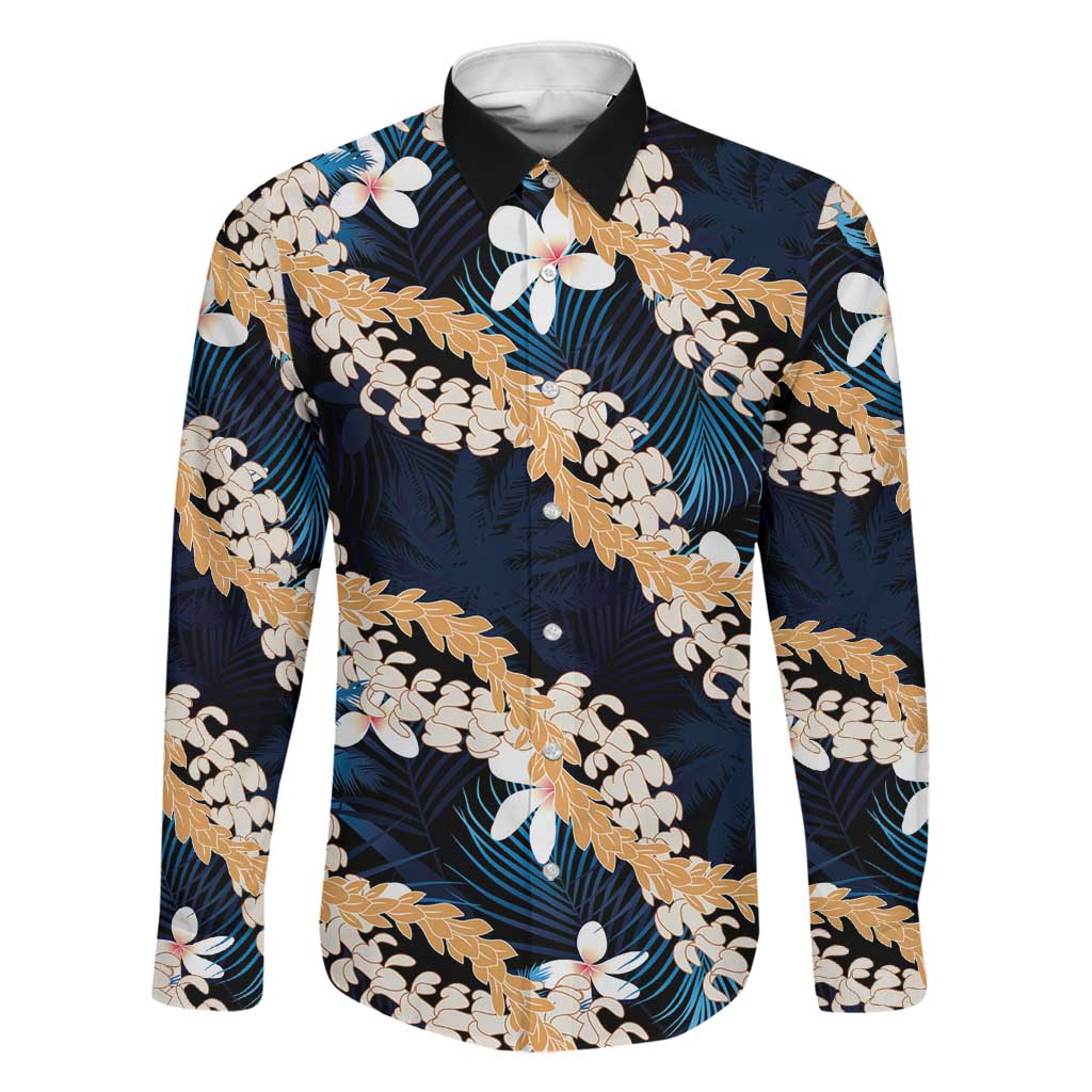 Puakenikeni Maile Lei Family Matching Long Sleeve Bodycon Dress and Hawaiian Shirt Frangipani Blue Tropical Leaves LT01 Dad's Shirt - Long Sleeve Blue - Polynesian Pride