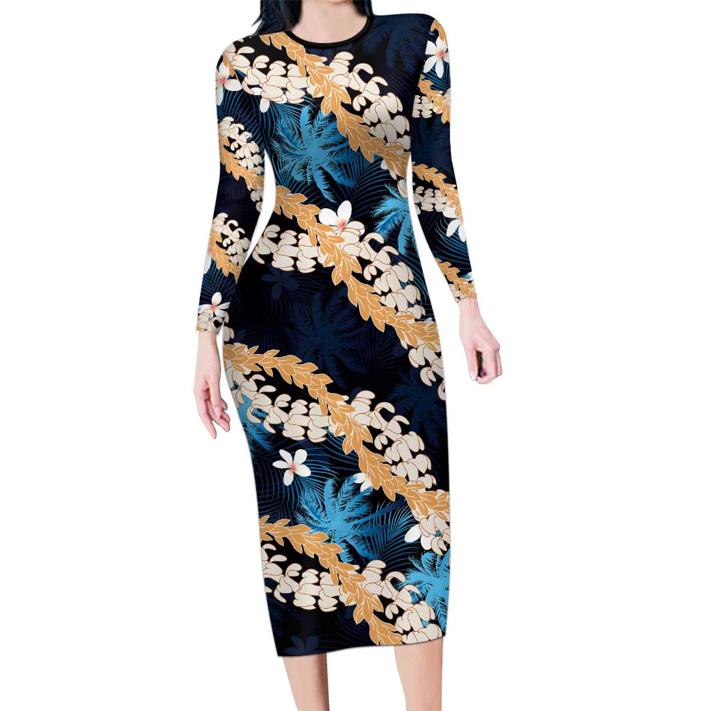 Puakenikeni Maile Lei Family Matching Long Sleeve Bodycon Dress and Hawaiian Shirt Frangipani Blue Tropical Leaves LT01 Mom's Dress Blue - Polynesian Pride