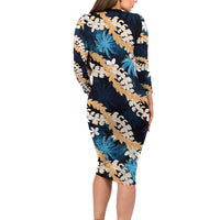 Puakenikeni Maile Lei Family Matching Long Sleeve Bodycon Dress and Hawaiian Shirt Frangipani Blue Tropical Leaves LT01 - Polynesian Pride