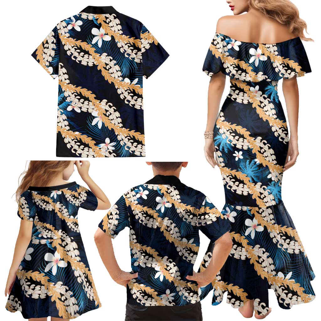 Puakenikeni Maile Lei Family Matching Mermaid Dress and Hawaiian Shirt Frangipani Blue Tropical Leaves LT01 - Polynesian Pride